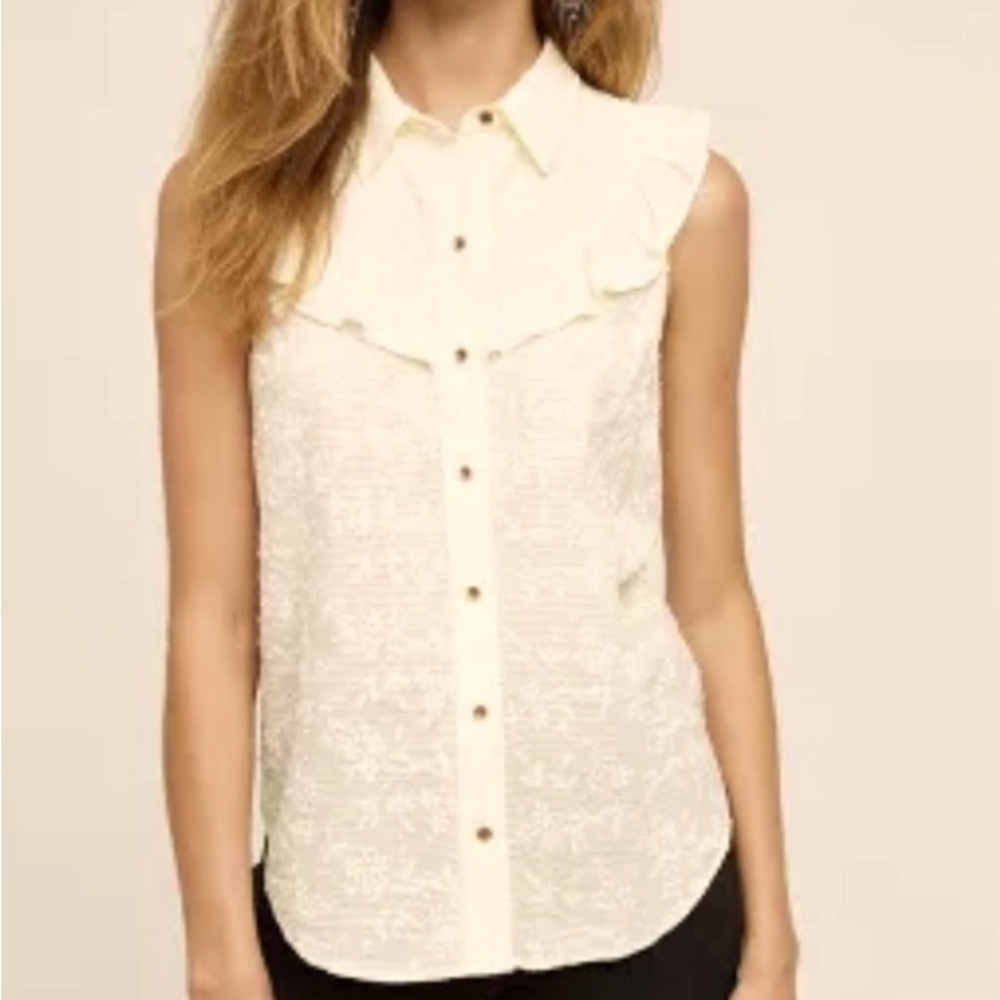 Anthropologie Maeve Windflower Ruffle Sleeveless Ivory Button Blouse Size 6 - Picture 2 of 10